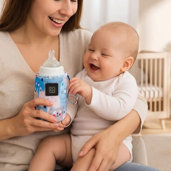 Bébé avec son chauffe biberon portable bleu sur sa maman