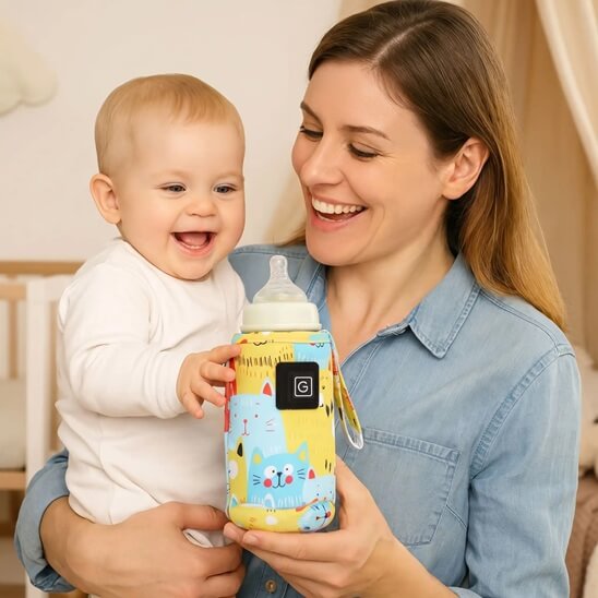 Bébé avec son chauffe biberon portable jaune sur sa maman