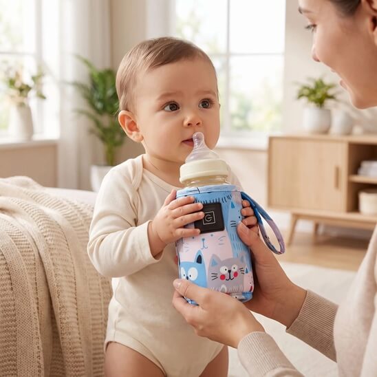 Bébé qui tiens son chauffe biberon portable bleu debout avec sa maman
