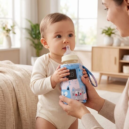 Bébé qui tiens son chauffe biberon portable bleu debout avec sa maman