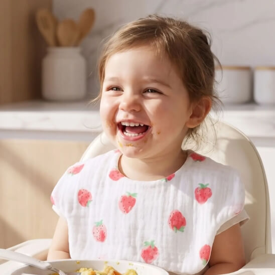 Fillette avec le basoir bébé fraises en train de rigoler
