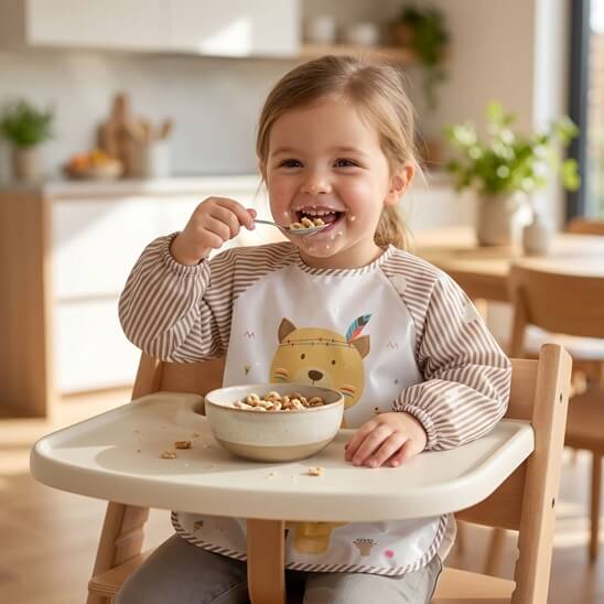 Fillette qui mange des céréales avec bavoir bébé marron ours