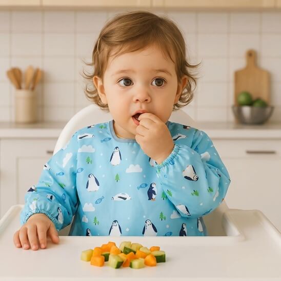 Garçon qui mange avec les doigts  avec le bavoir bébé pingouin