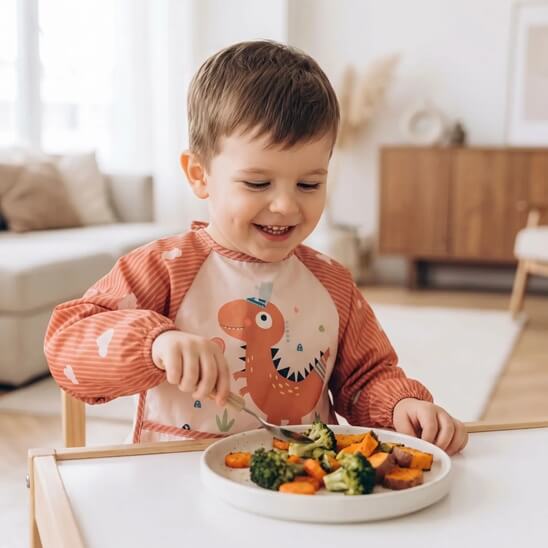 Garçon qui mange des légumes avec bavoir bébé orange dino