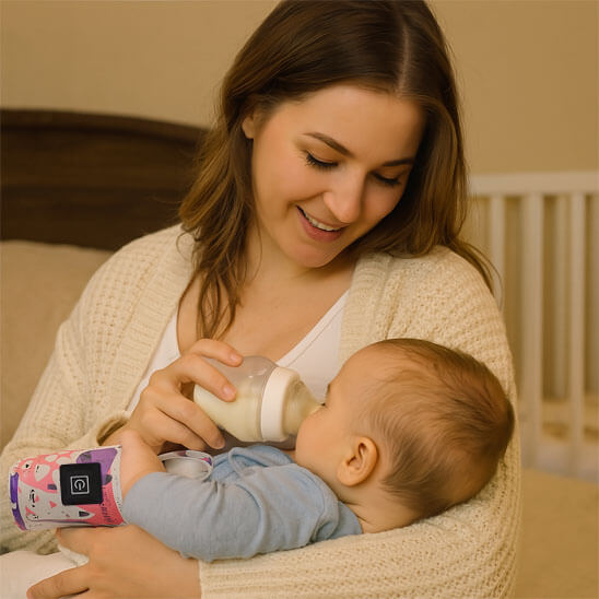 Maman fait boire son bébé allongé avec son chauffe biberon portable rose