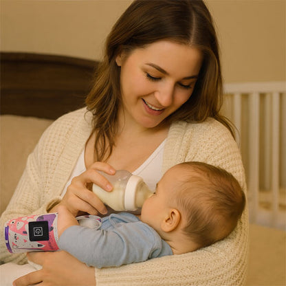 Maman fait boire son bébé allongé avec son chauffe biberon portable rose