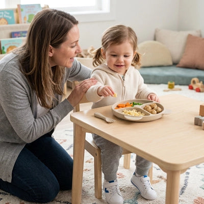 Maman qui encourage sa fille à manger assiette bébé ventouse beige