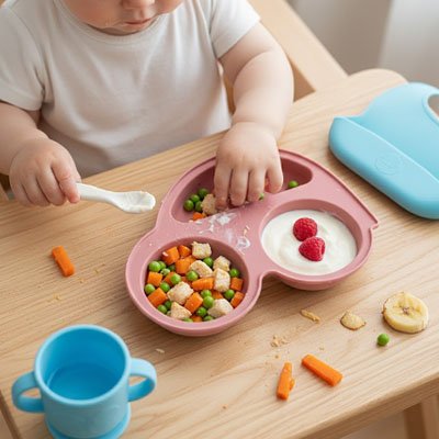 Assiette bébé ventouse rose avec fruits 