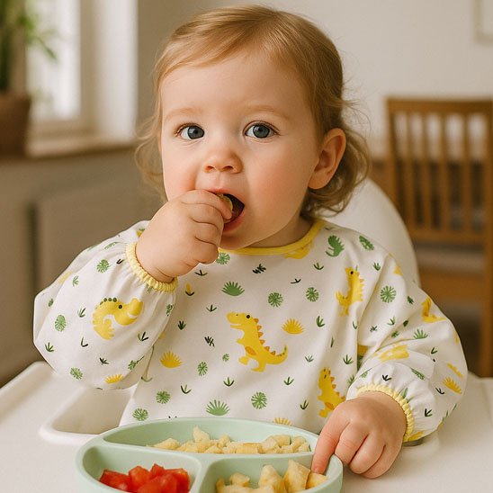 Bébé fille qui mange un fruit avec le bavoir bébé crocodile