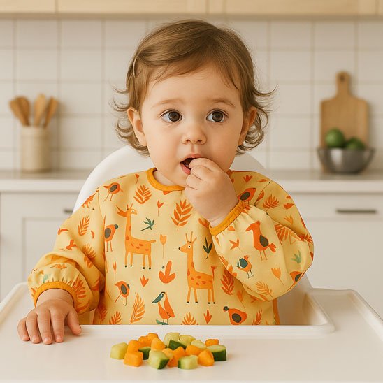 Bébé fille qui mange un légume avec le bavoir bébé girafe