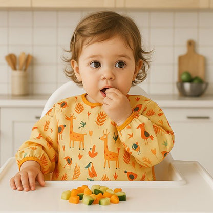 Bébé fille qui mange un légume avec le bavoir bébé girafe
