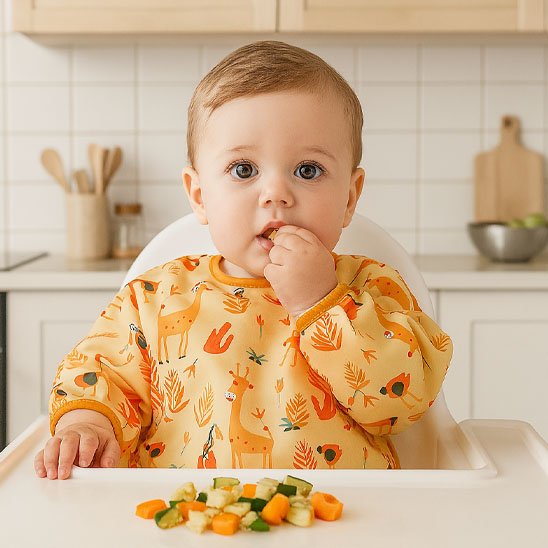Bébé garçon qui mange un légume avec le bavoir bébé girafe