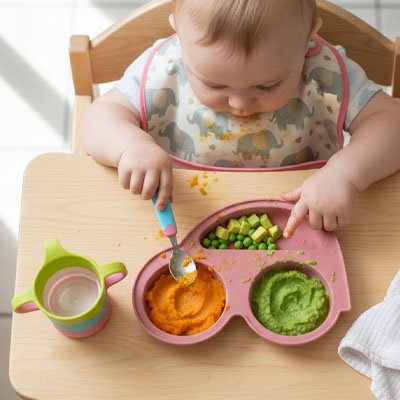 Bébé mange avec la cuillère assiette bébé ventouse rose