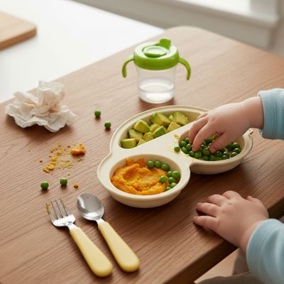 Bébé mange avec les doights assiette bébé ventouse jaune