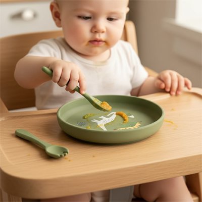 Bébé mange avec une cuillère assiette bébé dino