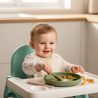 Bébé mange des légumes assiette bébé dino
