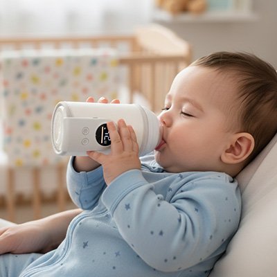 Chauffe biberon blanc bébé assis boit seul