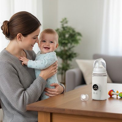 Chauffe biberon blanc table bébé souriant avec maman