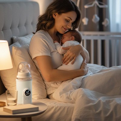 Chauffe biberon blanc table de chevet bébé dort avec maman