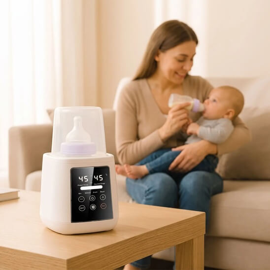 Maman donne le biberon à bébé assis sorti du chauffe biberon