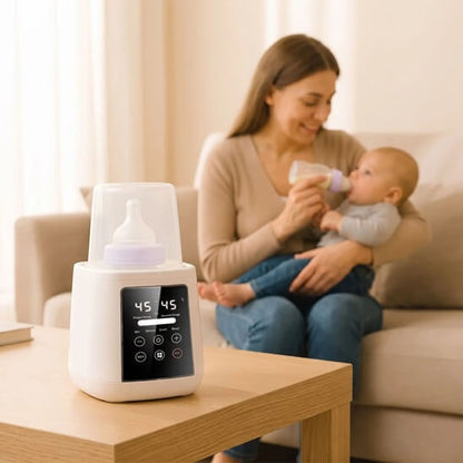 Maman donne le biberon à bébé assis sorti du chauffe biberon