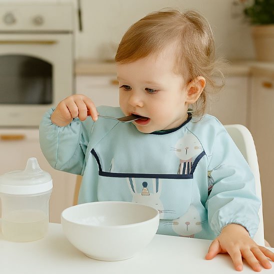 Fillette qui mange à la cuillère avec bavoir bébé lapin