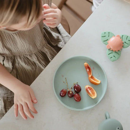 Fillette qui mange avec assiette bébé vert gris