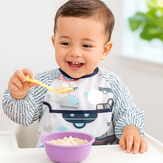 Gaçon qui mange à la cuillère avec bavoir bébé voiture