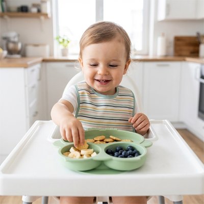 Garçon blond qui mange avecs ses doigts assiette bébé ventouse verte